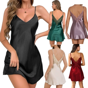Women Sexy Satin Lace Nightgown V Neck Backless Spaghetti Strap Sleepwear Lingerie Home Dress
