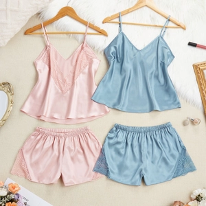 Pyjama en Satin pour Femmes Sans Manches Dentelle Col en V Top Caraco Et Short Lingerie Sexy Vêtements de Nuit Doux