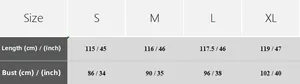 Size chart for women's satin nightdress showing length and bust in cm and inches
