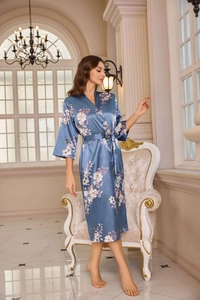 Detail of blue-grey satin floral robe featuring kimono sleeves and matching self-tie belt
