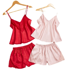 Ensemble de pyjama en satin avec dentelle pour femme, débardeur et short en rouge et rose