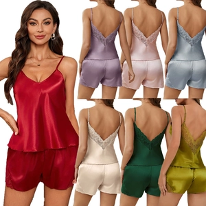 Ensemble pyjama deux pièces pour femme en satin de soie avec col en V en dentelle, 7 coloris
