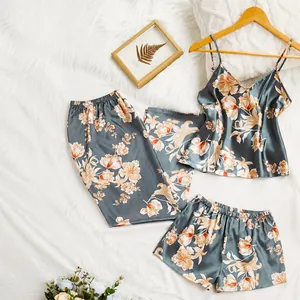 Women Satin Floral Pajama Cami Top Long Pants And Shorts Loungewear Vintage Style Elegant Sleepwear Suit