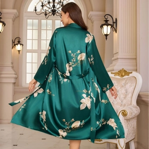 Dark green silk satin floral robe with printed bird patterns and waist tie