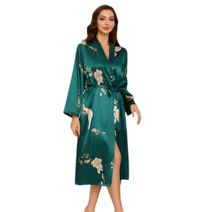 Deep green silk-feel kimono robe with floral crane prints and adjustable waist belt