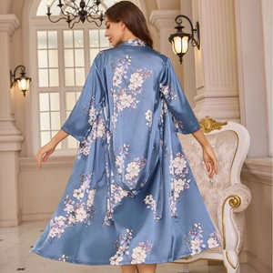 Women's floral satin robe in dusty blue featuring a loose fit and elegant long sleeves