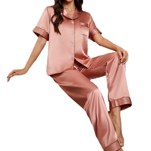 Short sleeve ice silk pajamas set in soft pink with shirt and long pants