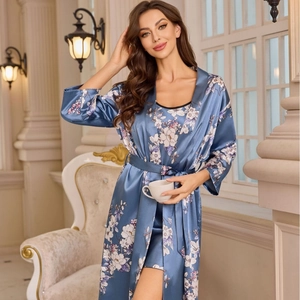Women's 2-piece satin pajama set featuring blue floral robe and matching slip dress