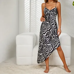 Women's Sexy Zebra Print Satin Slip Nightgown V-Neck Sleeveless Irregular Hem Midi Sleepwear Home Dress