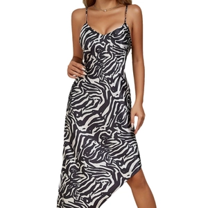 Zebra print satin camisole slip dress for women with V-neck and asymmetric hem design