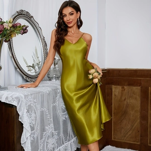 Olive green satin V-neck slip dress for women with silky texture and elegant minimalist style