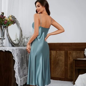 Elegant dusty blue satin slip nightgown for women with thin straps and open back