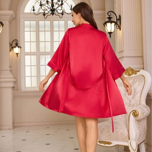 Luxurious red silk satin bathrobe for women with tie waist and loose breathable design