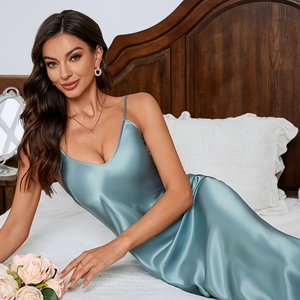 Elegant dark blue satin chemise nightgown with v-neck and slim fit spaghetti straps