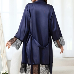 Elegant dark blue satin bathrobe with intricate black lace trim and long sleeves for women