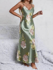Deep green floral satin nightgown for women, sleeveless sleepwear with silk finish