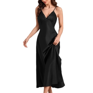Elegant black satin slip nightgown with lace V-neck and slim fit silhouette for women