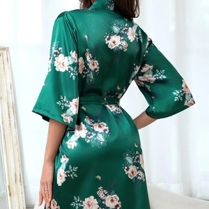 Emerald silk robe with floral and butterfly prints featuring long sleeves and waist tie