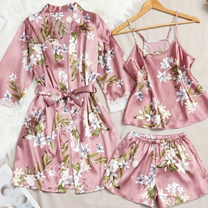 Pyjama en Satin pour Femmes Imprimé Floral Peignoir Camisole Short Garniture en Dentelle Élégant Vêtement de Nuit