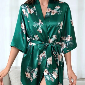 Luxurious dark green satin floral bathrobe for women with long sleeves and elegant waist tie
