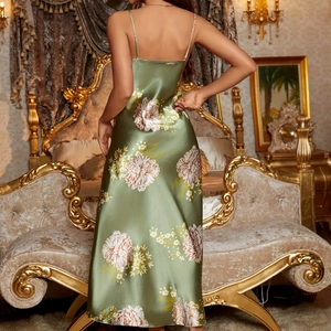 Olive green floral print satin nightgown with slim straps and elegant back detail
