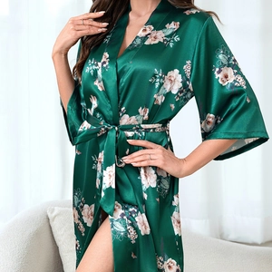 Deep green silk satin floral bathrobe with wide sleeves and belt for women