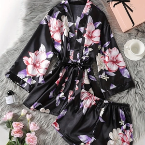 Women Casual Floral Print Faux Silk Satin Kimono Pajama Set Top And Bottom Comfortable V-Neck Nightwear Sleepwear Loungewear