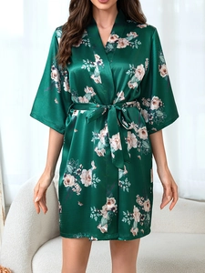 Dark green floral satin robe featuring a classic V-neck and matching tie belt