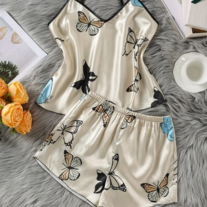 Pigiama in Raso da Donna Completo Canotta e Pantaloncini Stampa Farfalla Scollo a V Elegante Abbigliamento da Casa