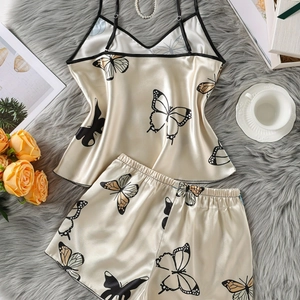 Pigiama da donna in raso di seta con stampa a farfalla, top a bretelline e shorts