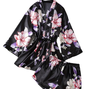 Black satin floral kimono robe and shorts set with elegant pink blossoms and tie waist