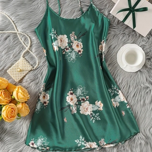 Camicia da Notte da Donna Sexy in Raso con Stampa Floreale Farfalla Spalline Sottili Scollo a V Verde Scuro Vestaglia Cami