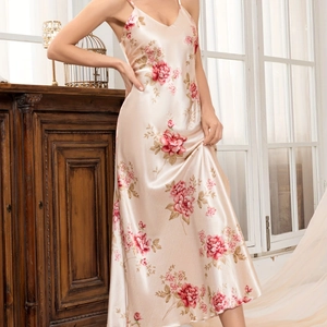 Champagne floral satin slip dress with V-neckline and elegant rose print for women
