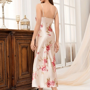 Floral champagne satin slip dress with backless design and thin straps for women