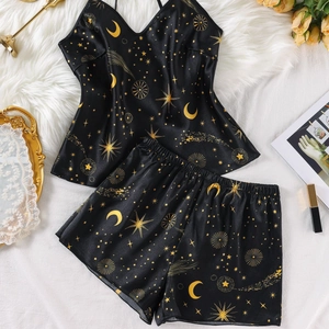 Damen Himmlisch Stern Mond Druck Satin Schlafanzug Unterhemd Und Shorts Nachtwäsche Sexy V-Ausschnitt Nachthemd