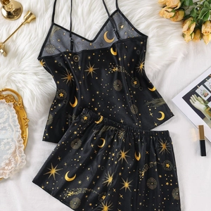 Elegantes Damen-Schlafanzugset aus schwarzem Satin mit goldenem Sternen- und Mondprint