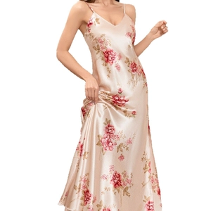 Floral satin slip nightgown with pink rose patterns and delicate spaghetti straps