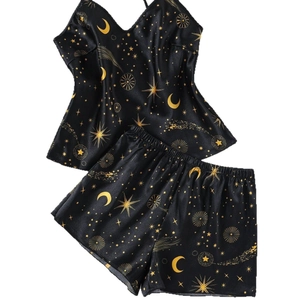 Damen Schlafanzug-Set aus Satin mit goldenem Sternen- und Mondprint in Schwarz