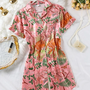 Women's Satin Nightgown Jungle Tiger Floral Print Short Sleeve Sleepshirt With Pocket Button Down Loungewear Sleepwear