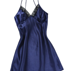 Women's dark blue satin nightgown with black lace neckline trim and thin straps