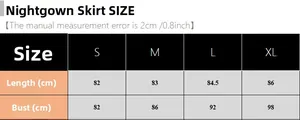 Guide des tailles pour chemise de nuit en satin montrant poitrine et longueur