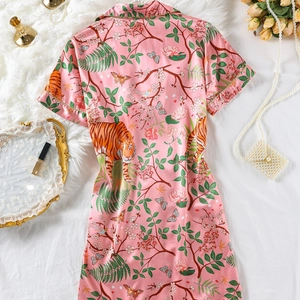 Pink silk satin sleepshirt with jungle tiger floral print and retro short sleeves