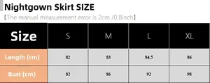 Size chart for women's slip nightdress featuring length and bust measurements from S to XL