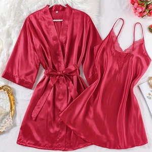 Women Satin Lace Pajamas Red Robe And Slip Dress Top And Bottom Two Piece Solid Color Silk Like Polyester Loungewear Nightgown