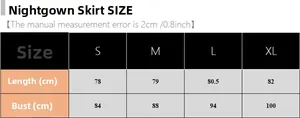 Size chart table for women silk nightgown showing length and bust measurements from S to XL