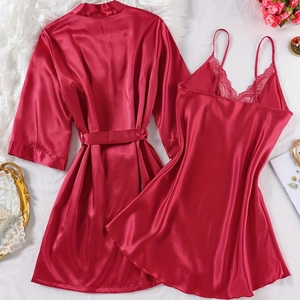 Deep red satin pajama set with lace-trim nightgown and matching tie-waist silk-like robe