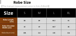 Guide des tailles détaillé pour ensemble peignoir pyjama femme avec mesures de S à XL en cm