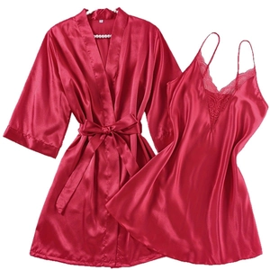 Women's 2-piece red silk satin sleepwear set including lace chemise and belted kimono robe