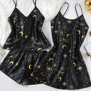 Damen Stern Mond Druck Satin Schlafanzug-Set Cami Top Shorts Nachthemd Schlafbekleidung Polyester Homewear
