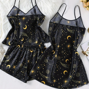 Damen 3-teiliges schwarzes Satin-Schlafset mit goldenen Sternen und Mond Motiven